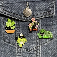 Set Of 4 Cute Cat In Plants Enamel Backpack Pins