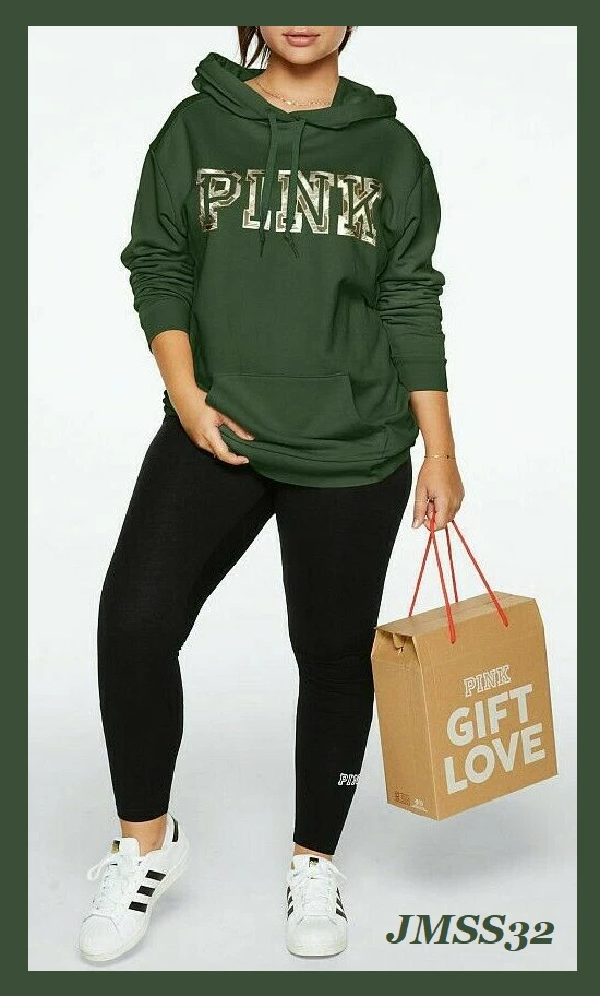 Victoria's Secret Pink Campus Hoodie Pullover + Leggings Set Green Forest  Gold M