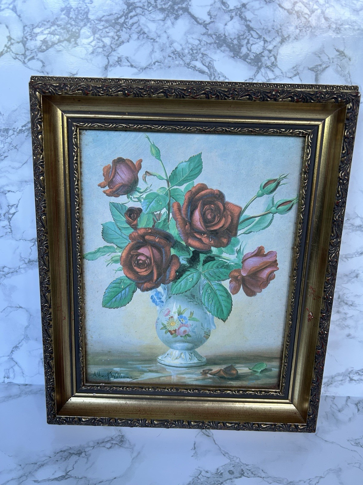 Original Albert Williams Floral Oil Painting Signed Red Roses Still Life Framed