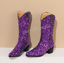 Women's sequins ankle boots block heel pointed toe cowboy motor boots shoes