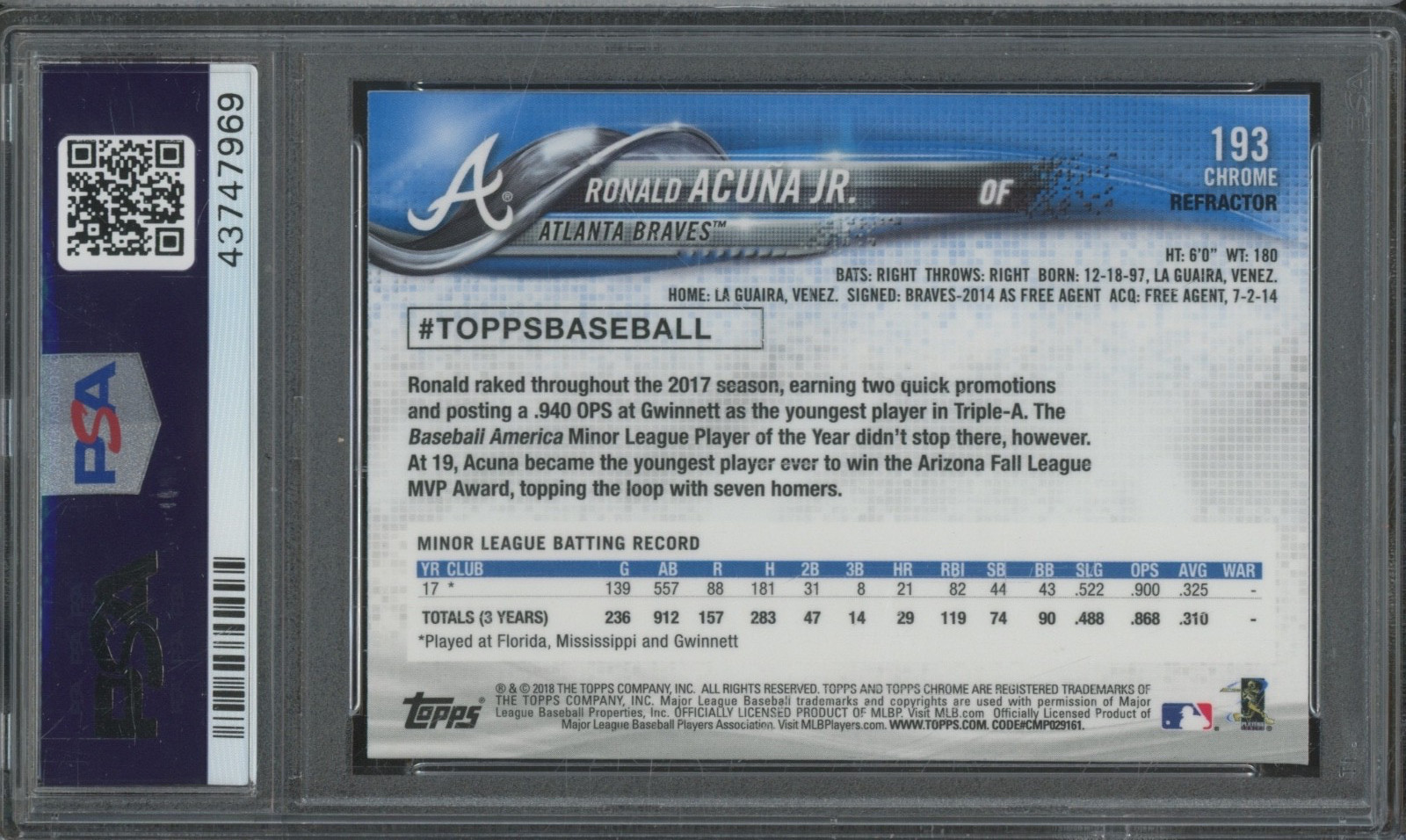 2018 Topps Chrome X-Fractor #193 Ronald Acuna Jr. RC Gem Mint PSA 10 view 2