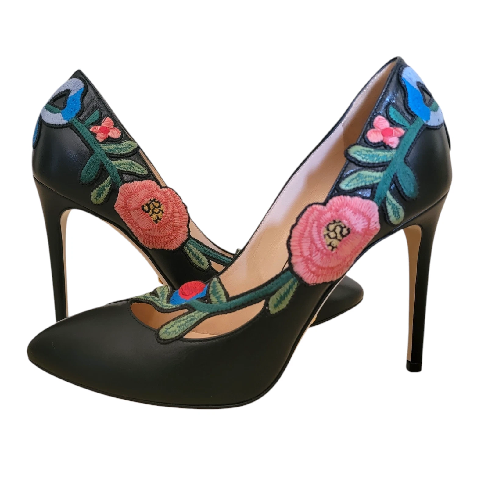 Escarpins Gucci Ophelia brodés fleurs talons cuir noir bout pointu 8,5 38,5 