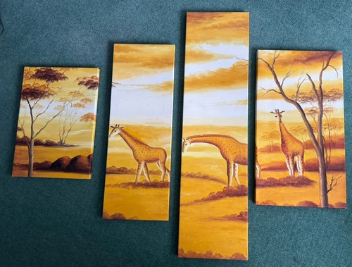 Large 4 Piece Panel Set Wall Art Canvas Pictures Giraffes Sunset Africa Prints - Picture 2 of 4