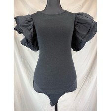 Zara Mixed-Media Ruffle-Sleeve Ribbed Bodysuit Black - Size Medium