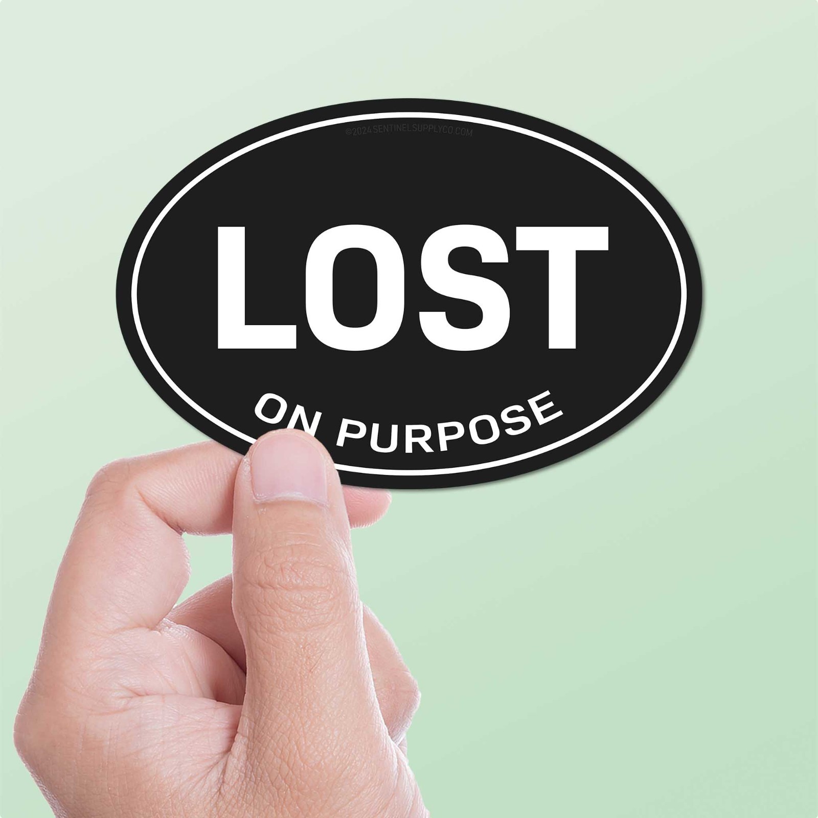 Lost on Purpose Black Oval Bumper Sticker - Outdoors Decal for Laptop