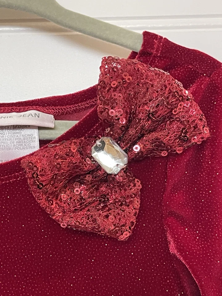 Bonnie Jean Girls Red Mrs Claus Sparkle Velvet Dress Jeweled Bow Faux Fur Sz 4T - Image 4 of 4