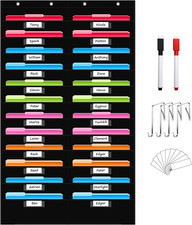24 Pockets File Storage Pocket Chart with 24 Nametag Pockets, Hanging Wall File
