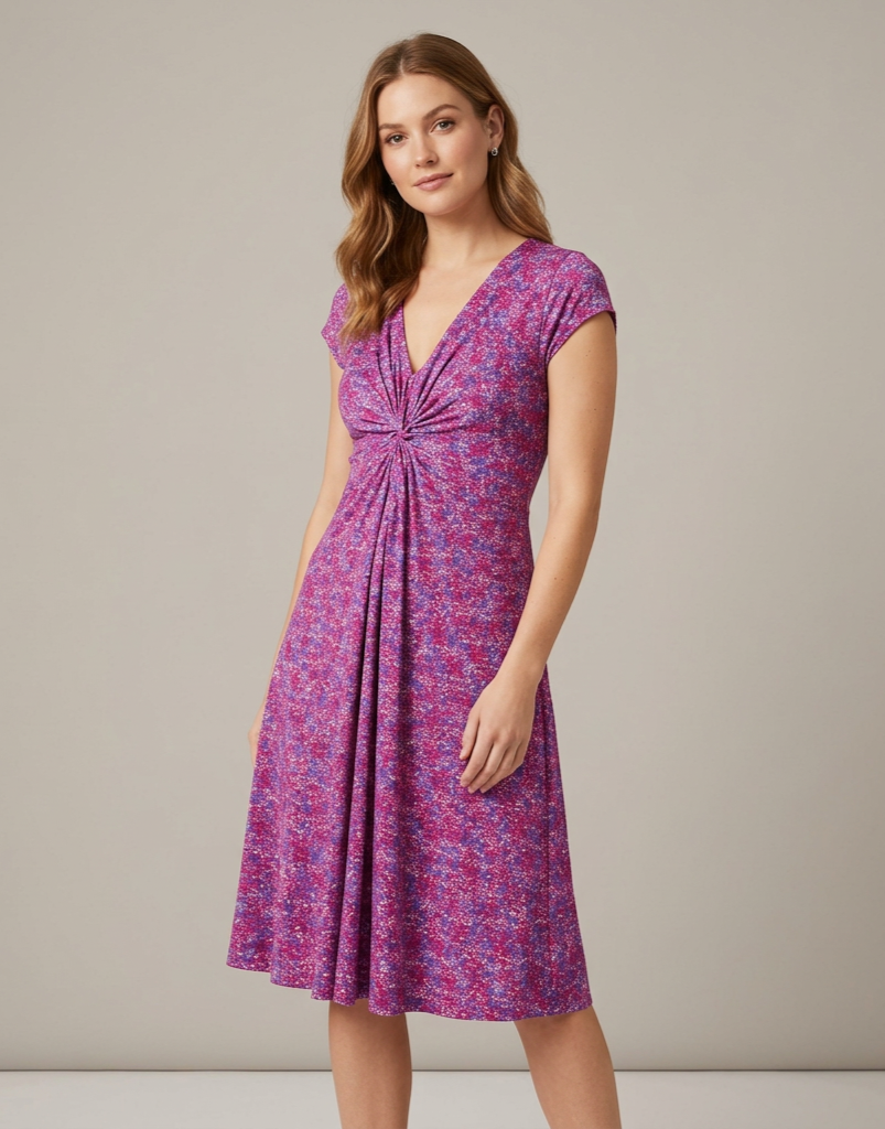 Garnet Hill Garden Party Knit Dress Womens 12 Purple Patterned Twist Front