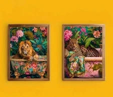 Canvas Print Wall Art Poster Lion  Cheetah Set Height 60cm X Width 40cm Unframed