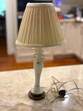Vintage Pink/White Ceramic Floral Table Lamp w/ Beige Pleated Empire Shade