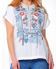 new Sz M Johnny Was Biya Chrisley Embroidered Cotton Top Natural
