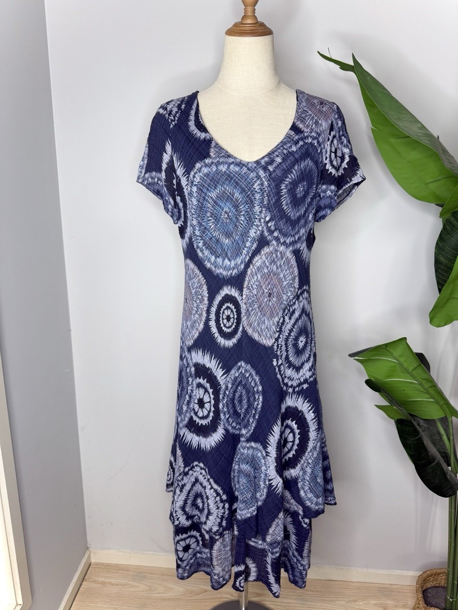 Bottega Moda Blue Cotton Layered Midi Dress Made In Italy Size