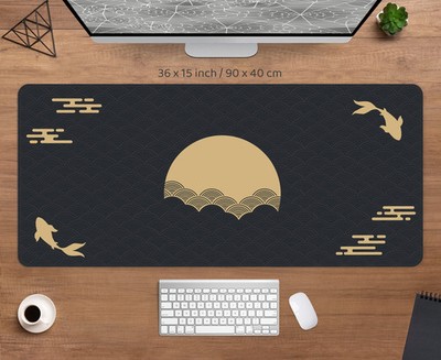 Japanese Desk Mat Black & Gold Mousepad Koi Fish Sun Cloud Japan Art Seal Sunris