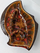 MCM Ceramic Ashtray Artisan Large Mid-Century Modern 3 Compartments Orange Brown