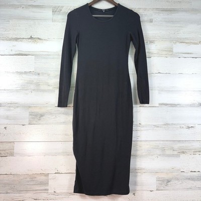 Quince Black Ribbed Minimalist Tencel Lyocell Long Sleeve Midi Bodycon Dress XS