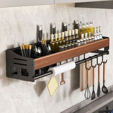Modern Wooden Wall Mounted Kitchen Rack with Utensil Holders & Hanging Hooks
