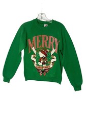 90s Vintage Jerzees Merry Christmas Teddy Bear Green Sweatshirt Crewneck VTG S