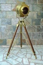 Nautical Antique Brass Spotlight Searchlight Wooden Tripod, Brown Wood Tripod