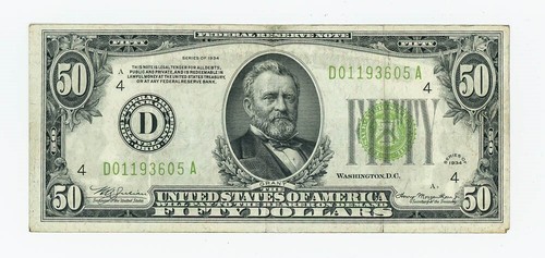 FR#2102D $50 1934 Federal Reserve Note Cleveland Crisp XF Quality DC-6170 - 第 1/2 張圖片