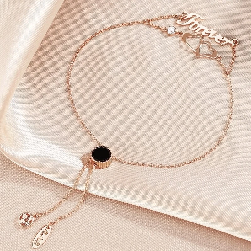 18K Rose Gold Filled Forever Double Heart Round Flower Adjustable Slide Bracelet Foto 4 de 4