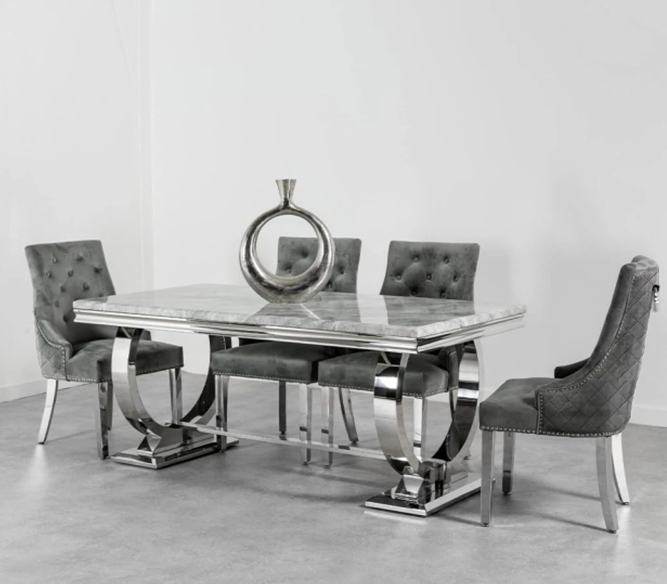 Marble Dining Table with 6 Charis Set Gloss Finish 1.8m Grey Mirrored Lion Head - Image 2 of 4