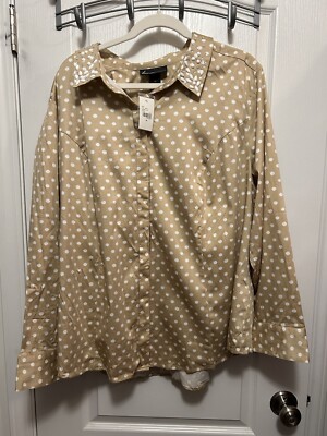 Lane Bryant Tan Polka Dot Beaded Collar Button Up Blouse Women’s Plus Size  26