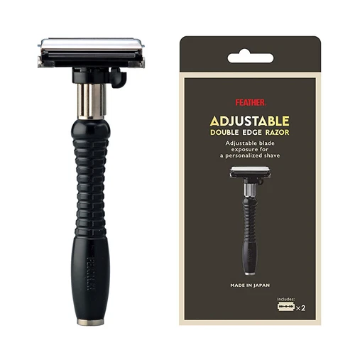 Feather DER-A Adjustable Razor + 2 Hi-Stainless Double Edge Shaving Blades Set