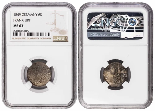 *** NGC *** GERMANY - FRANKFURT *** 6 KREUZER 1849 *** MS63 *** CITY VIEW *** b3