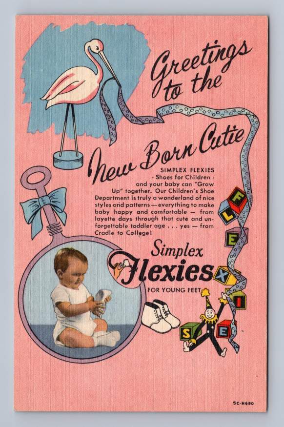 Simplex Flexies Baby Shoe Advertising Vintage Linen Curteich Postcard ~1930s
