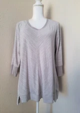H by Halston Space Dye French Terry V-Neck Top Tunic w/Forward Notches Grey M