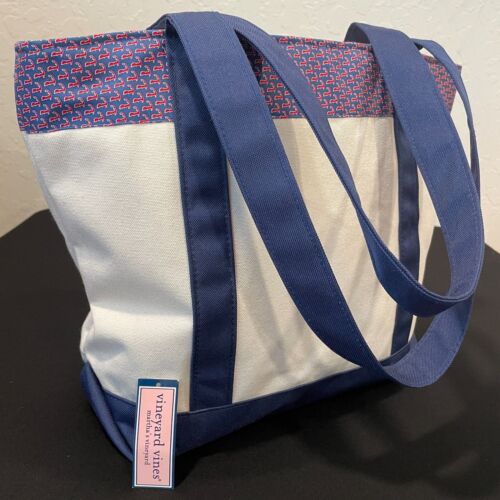 ~ NEW* Vineyard Vines Canvas Tote Bag Zip Pockets Blue Pink Cotton-tag separated