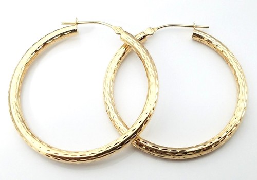 14 Karat Yellow Gold 3mm X 37mm Diamond Cut Silver Dollar Hoop Earrings - Picture 2 of 6