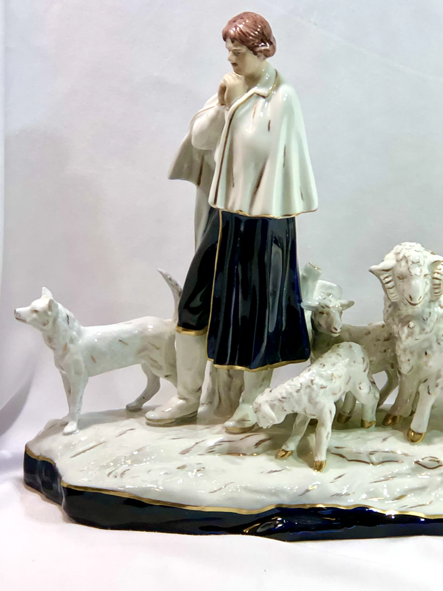 置物  dux Bohemia Vintage Royal Dux Bohemia Shepherd with Sheep & Dog 22161