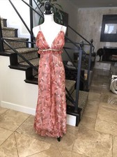 Vera Wang pink botanical print empire sequined waist ruffled boho maxi dress 6
