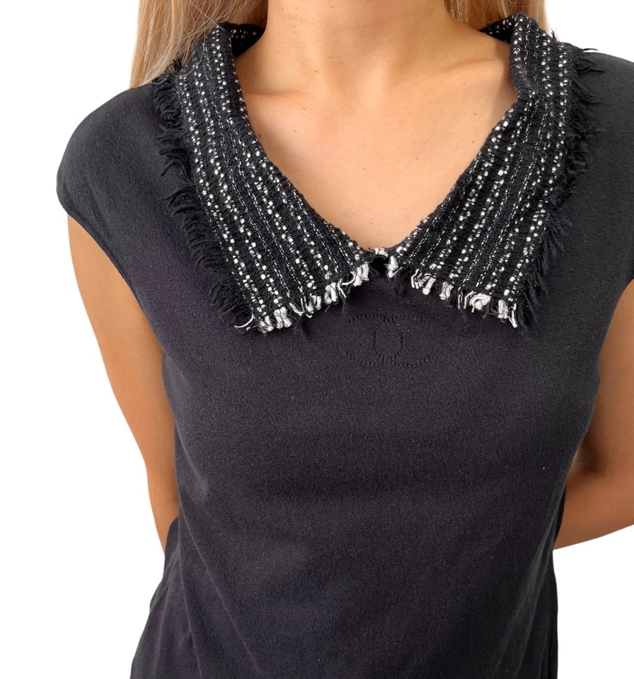 Pullover CHANEL Vintage 05P CC Logo Tejido #44 Negro Manga Corta Tweed Foto 3 de 4