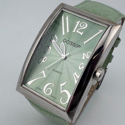Gossip Quartz Watch Men Silver Green Curved Rectangle Leather Analog New Battery