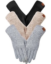 3 Pairs Winter Gloves for Women, 3-Finger Touch Screen Elastic Thermal Knit L...