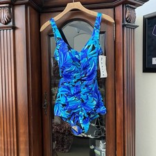 Vtg Maxine Of Hollywood One Piece Swimsuit Sz 14 Blue Tropical Tummy Control NOS