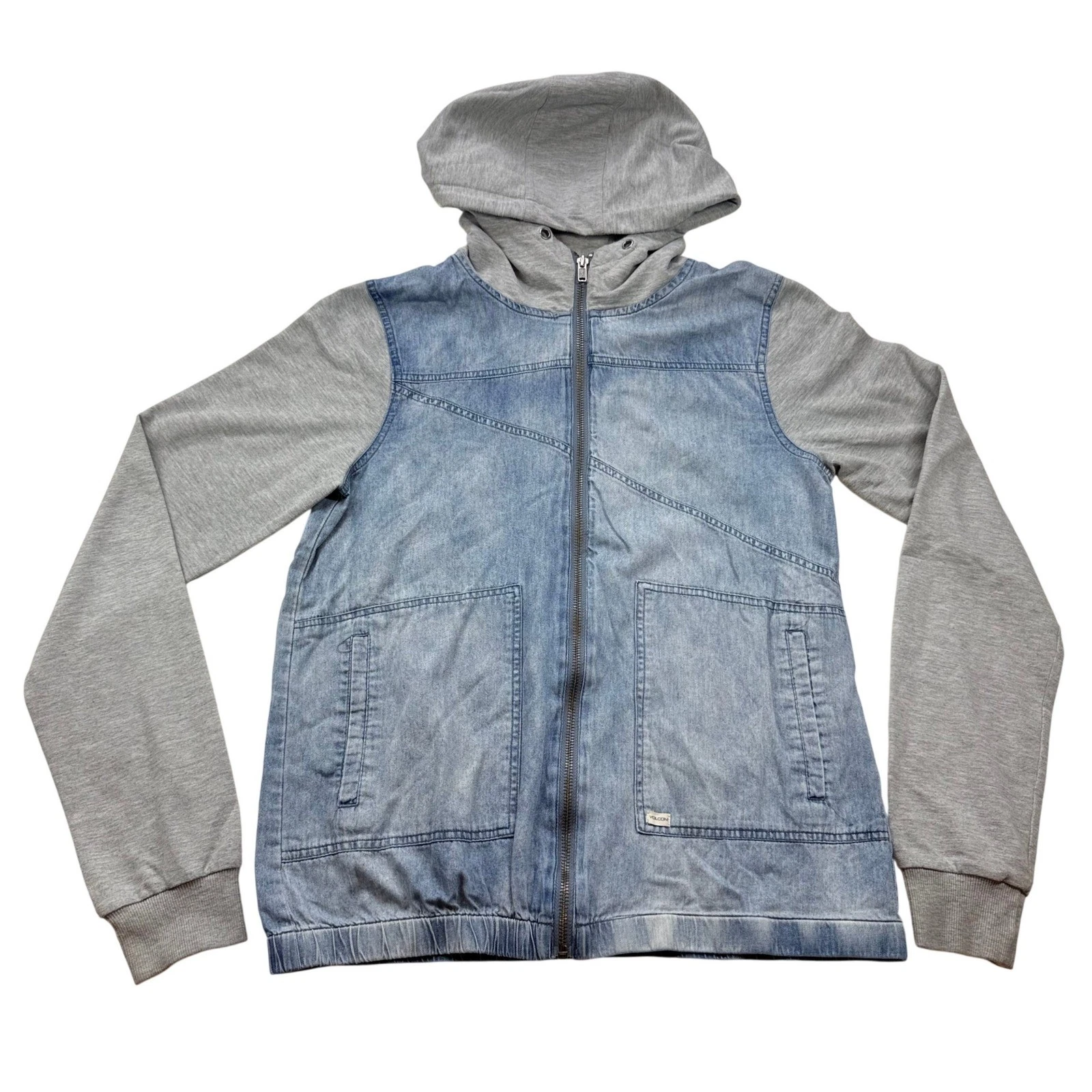 Volcom Mens Denim Hybrid Full Zip Hoodie Jacket Light Wash Gray Small
