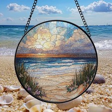 Coastal Sunset Stained Glass Suncatcher, Beach Window Decoration Home Art