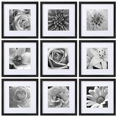  12x12 Picture Frames Set of 9 with Mat for 8x8 Photos or 12x12 for 8x8 Black