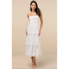 Lulus Estrid White Lace Tiered Midi Dress Party Cocktail Ruffle Bridal Small NWT