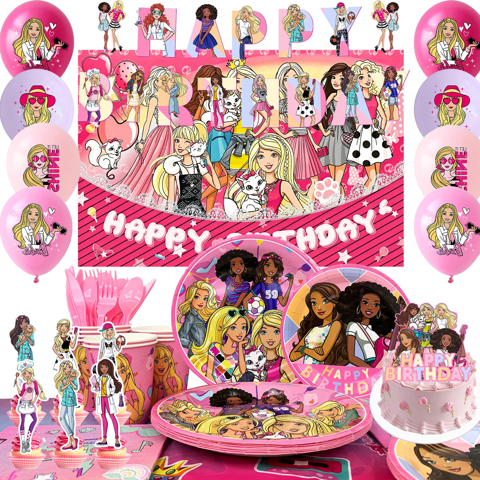 Barbie Princess Party Decorations Tableware Backdrop Plates Tablecloth Balloon