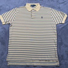 Polo Ralph Lauren Golf Shirt Men Large Yellow Blue Striped Cotton Short Sleeve