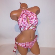 Victoria Secret Swim Bikini Medium Top  Bottom Pink Orange Floral Halter New