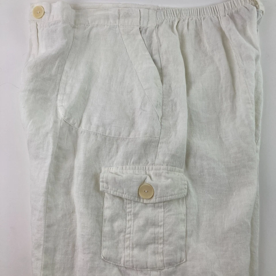 Pantalones Cortos de Lino FLAX Designs Carga Blanco Sólido Cierre de Botones Cintura Elástica Medianos Foto 3 de 4