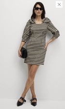 New M&S Gingham Puff Sleeve Mini Shift Dress Bow Shoulder 14
