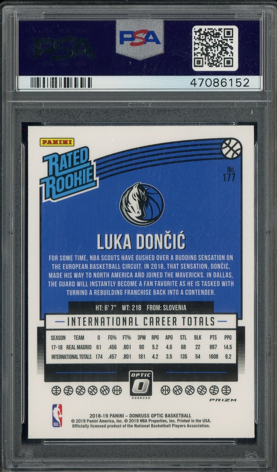 2018 Donruss Optic Holo Prizm #177 Luka Doncic Mavericks RC Rookie PSA 10 view 2