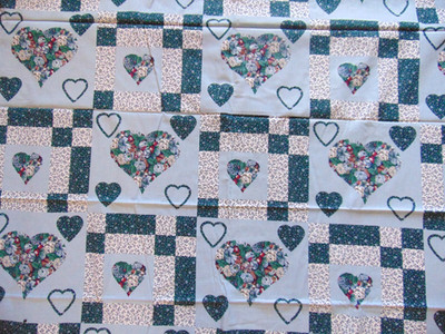 Cotton Fabric Cheater Quilt Blue Patchwork & Hearts Print 2yds x 42''