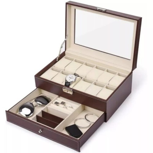Caja de reloj de almacenamiento estuche de joyería de 12 rejillas. Organizador de exhibición de cuero tapa de vidrio regalo - Imagen 15 de 17